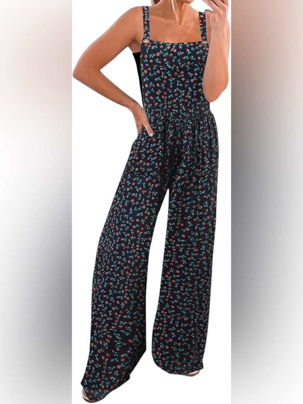 LoveImgs Black Floral Wide Leg Overalls